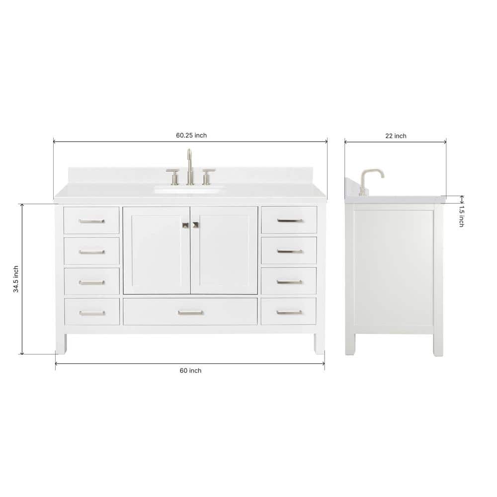 Cambridge 60" White Hardwood Single Basin Vanity with Quartz Top