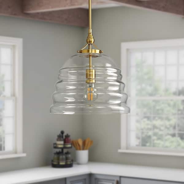 1-Light E26 40W Height Adjustable Hanging Gold Vintage Kitchen Island Pendant Light With Clear Fluted Dome Glass Shade