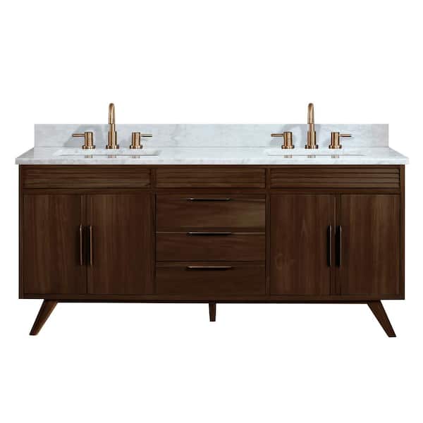 Avanity Taylor 73 in. W x 22 in. D Bath Vanity in Brown Teak with Marble Vanity Top in Carrara White with White Basin