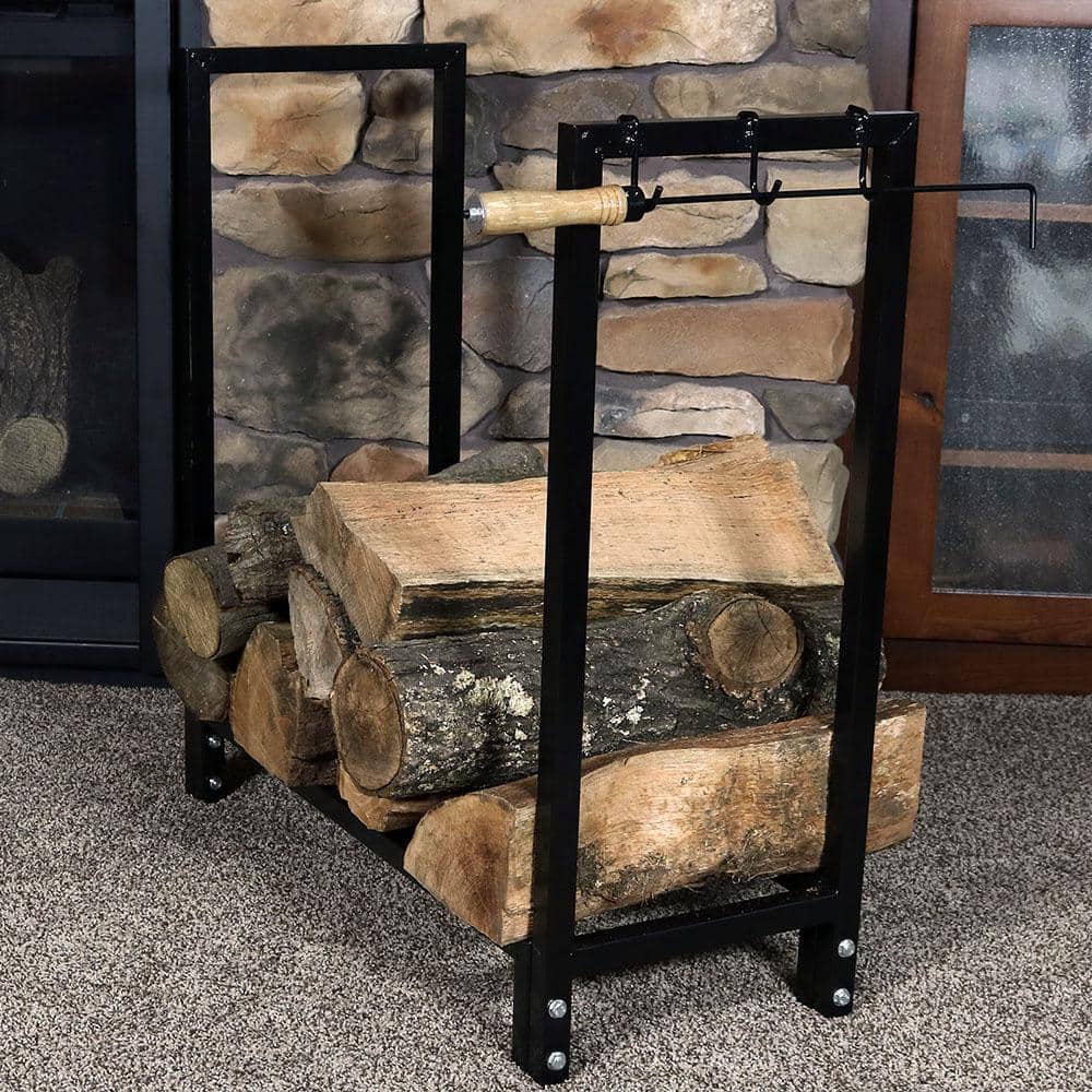 Black Steel Indoor/Outdoor Firewood Log Rack with Protective Cover