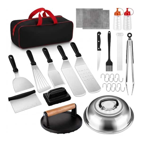 136-Piece Stainless Steel Griddle and BBQ Tool Set with Spatulas, Tongs, Scraper, Egg Rings and Carry Bag