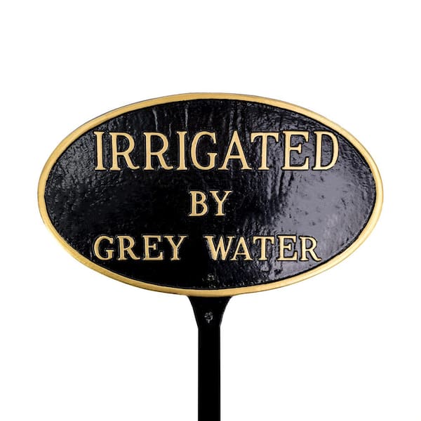 Montague Metal Products 8.5 in. x 13 in. Standard Oval Irrigated By Grey Water Statement Plaque Sign with Lawn Stake - Black/Gold
