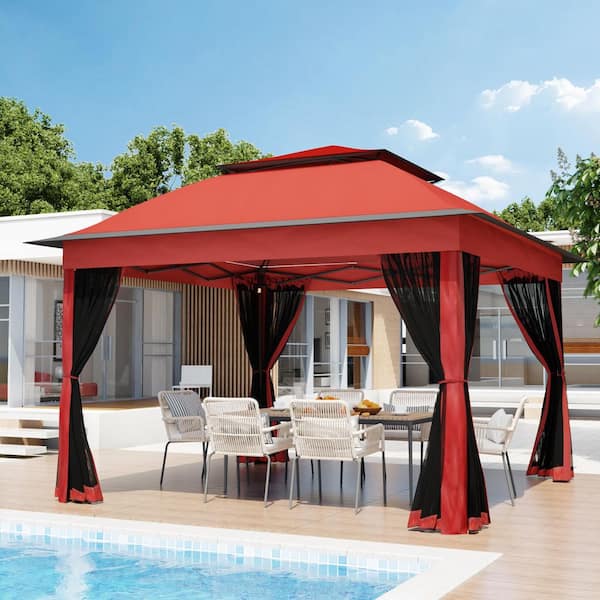 11 ft. x 11 ft. Red Pop-Up Outdoor Patio Steel Metal Frame Soft Top Gazebo with Mosquito Netting