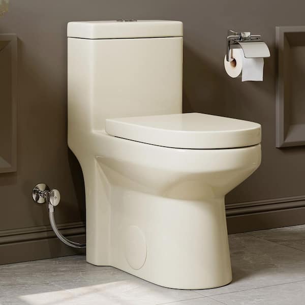 1-Piece 1.1/1.6 GPF Dual Flush Compact Round Toilet in Biscuit Soft Close Seat Included