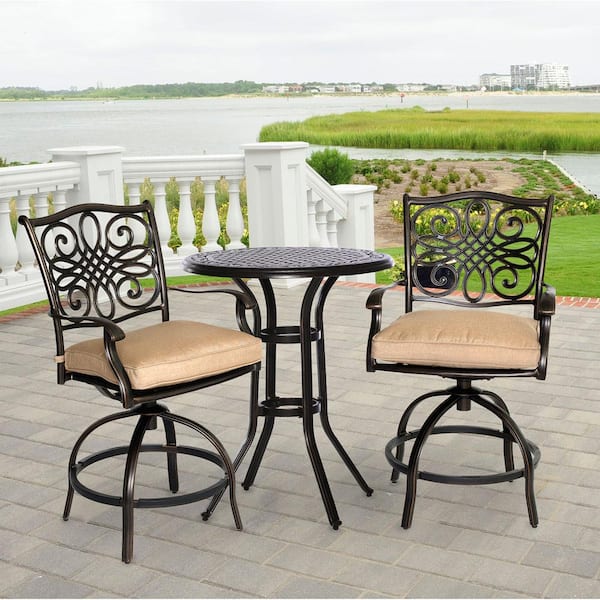 Hanover Traditions 3-Piece Aluminum Round High Dining Patio High Dining Set with Natural Oat Cushions