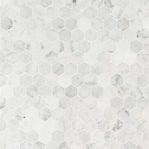 Carrara White Hexagon 4 in. x 4 in. x 8mm Honed Marble Mesh-Mounted Mosaic Tile - 4 in. x 4 in. Tile Sample