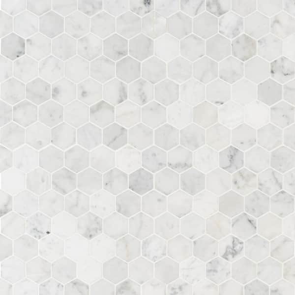 MSI Take Home Tile Sample - Carrara White Hexagon 4 in. x 4 in. x 8mm Honed Marble Mesh-Mounted Mosaic Tile