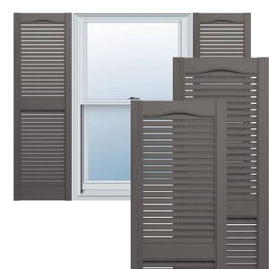 14-1/2 in. x 35 in. Lifetime Vinyl Custom Cathedral Top Center Mullion Open Louvered Shutters Pair Tuxedo Grey