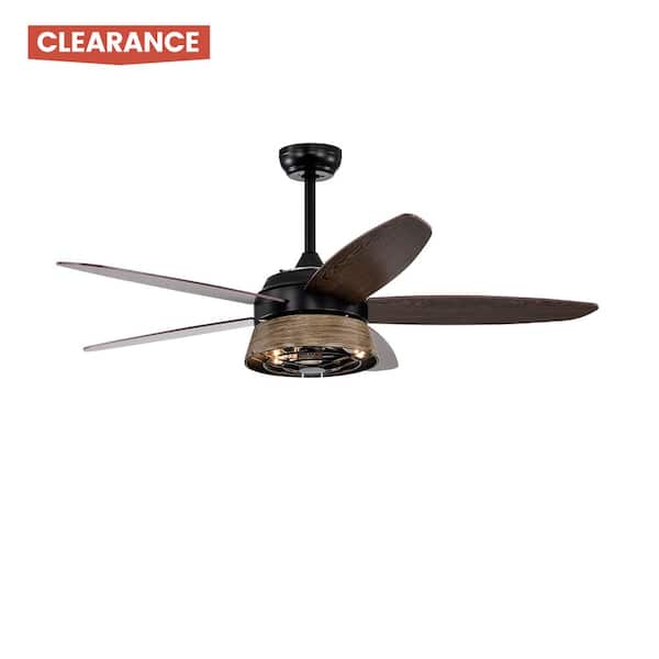 BANSA ROSE 52 in. Indoor/Outdoor Matte Black LED Ceiling Fan with Light Kit, Downrod, Remote and Antique Wood Grain Metal Shade