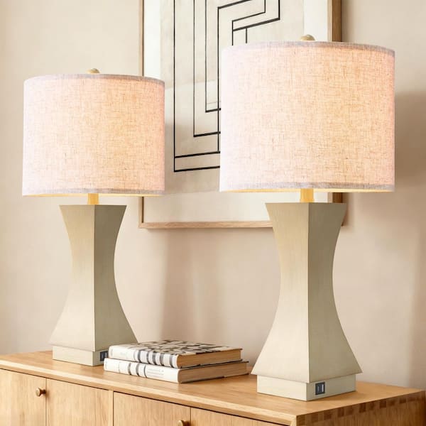 Salem 24.5 in. Beige Modern Dimmable Resin Bedroom Living Room Bedside Desk Nightstand Table Lamps USB Port Set of 2