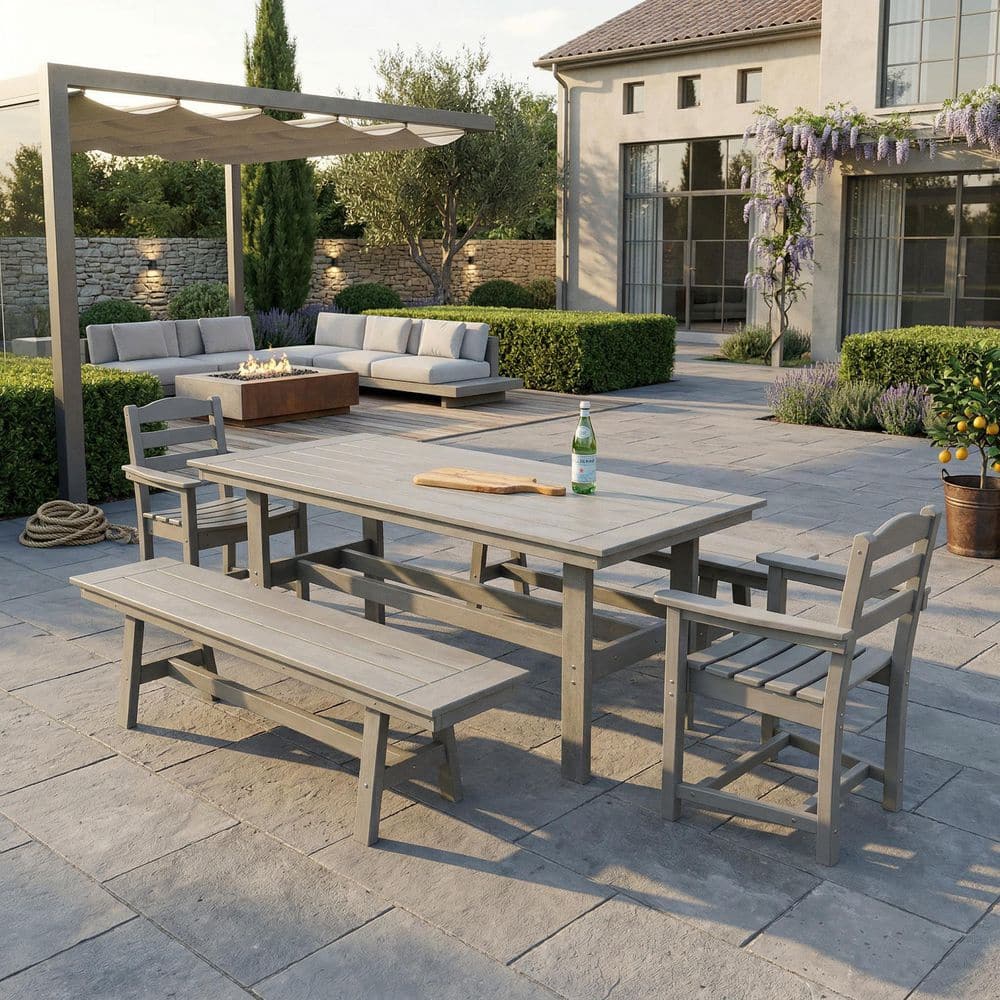 5-Piece HDPE Rectangular Outdoor Dining Set with 2 Benches, 2 Armchairs and 2 in. Umbrella Hole Table for Patio, Garden price history on PriceWatchPro