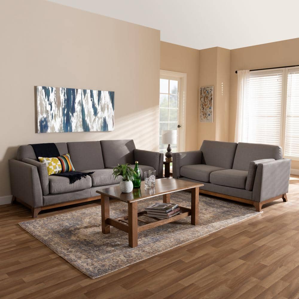 Sava Mid-Century Modern Grey Fabric Walnut Wood 2-Piece Sofa Set