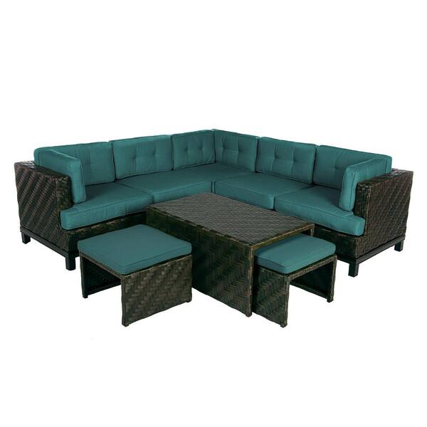 AE Outdoor Rachel 8-Piece Wicker Patio Sectional Seating Set with Spectrum-Peacock Cushions