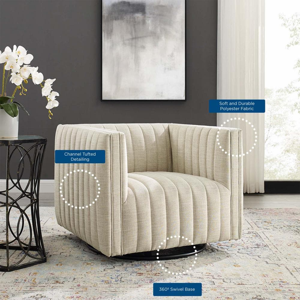 Beige Velvet Swivel Accent Chair with Wood Base