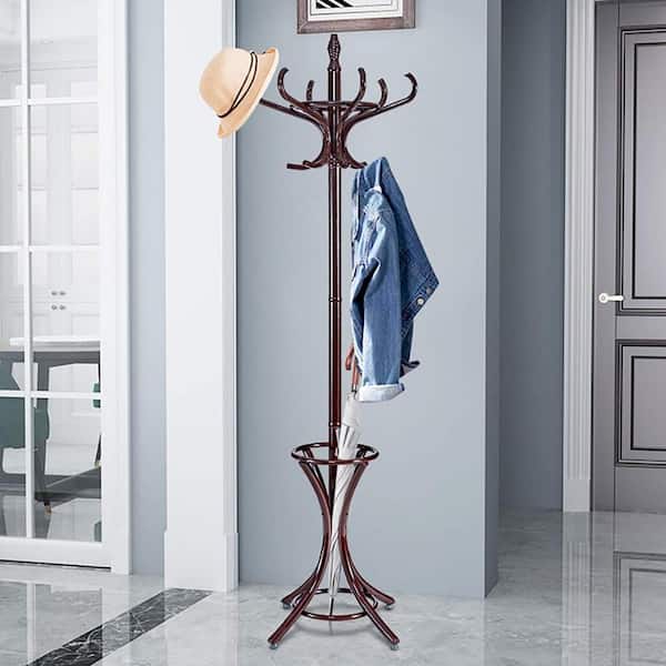 Brown Wooden Standing Coat Rack Tree with 12 Hooks and Umbrella Stand