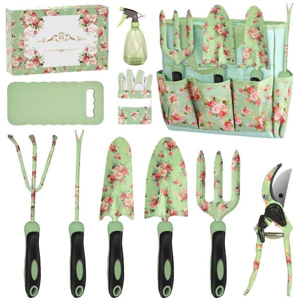 10-Piece Garden Tool Set Heavy Duty Stainless Steel Floral Design Non-Slip Handles Storage Tote Green Gift