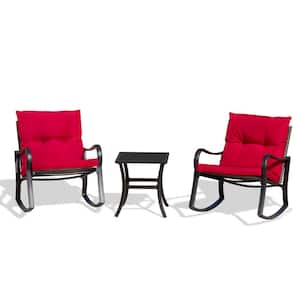 3-Piece Metal and Wicker Outdoor Bistro Set Rocking Chair Set with Red Cushion