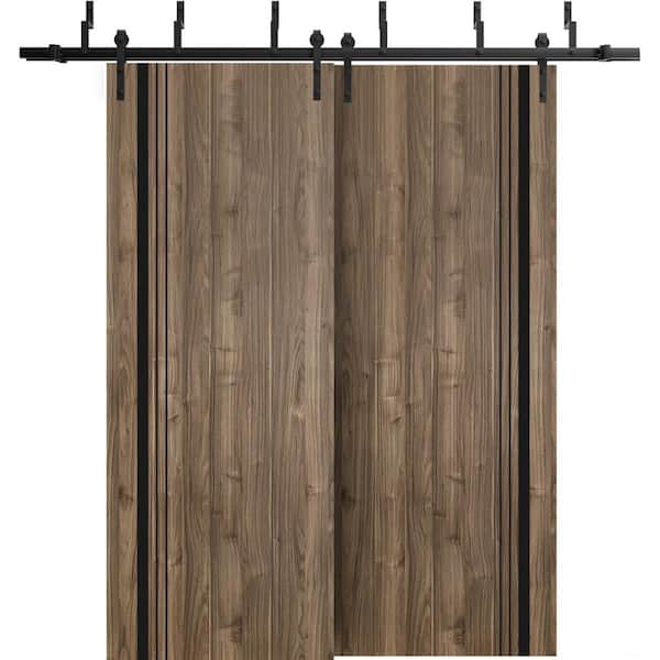 Sartodoors 84 in. x 84 in. 2 Panel Walnut Solid Wood with Honeycomb Sliding Barn Door with Hardware Kit