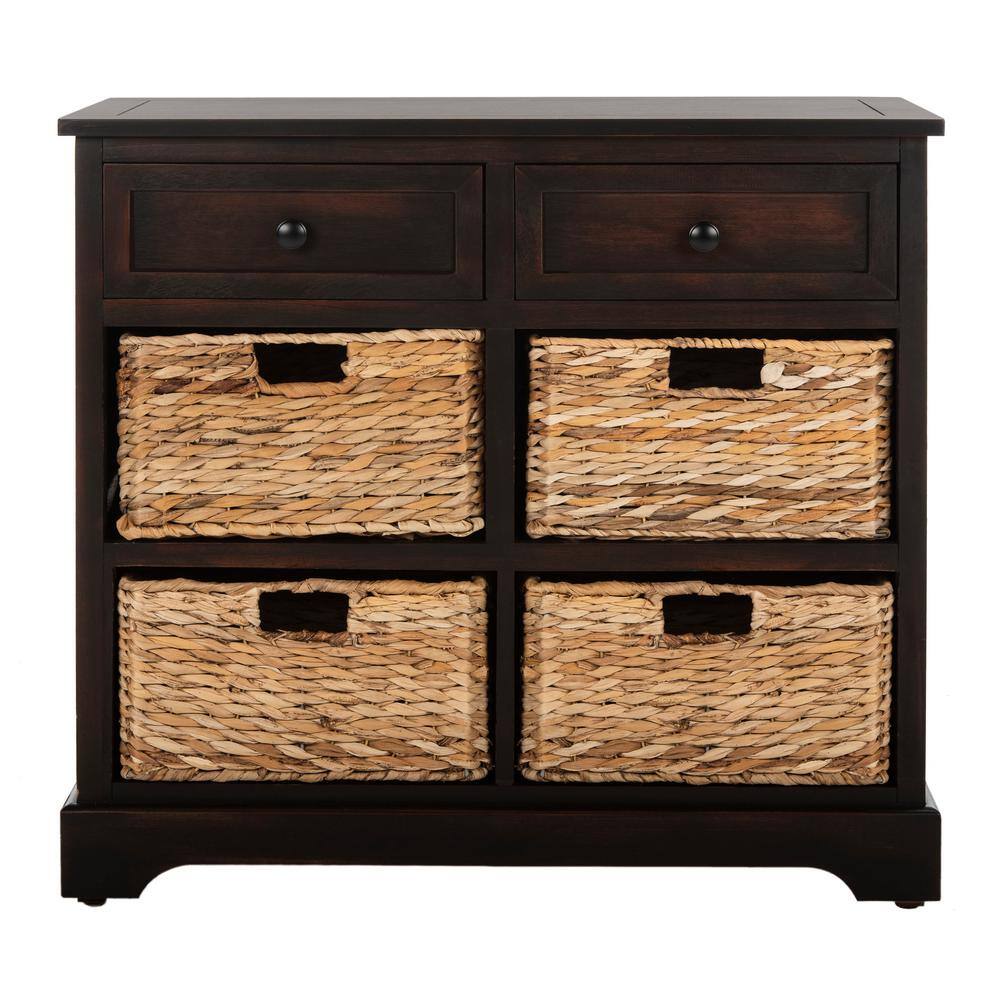Transitional Pine Wood Storage Unit with 6 Wicker Baskets, Brown