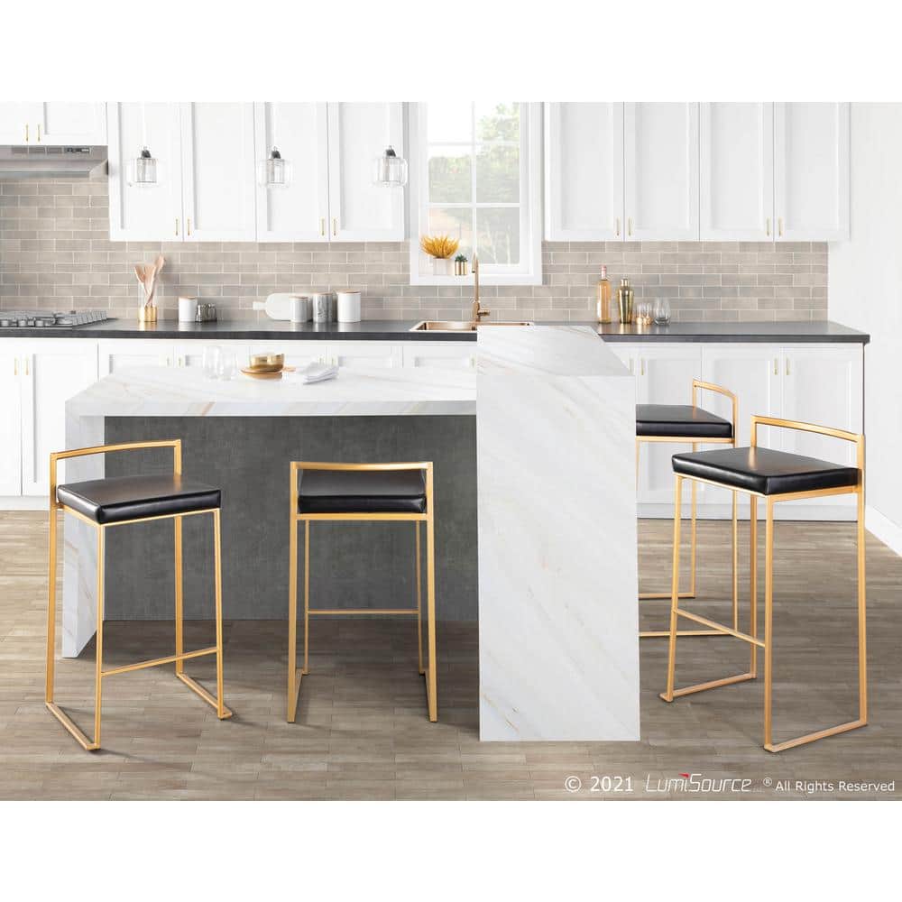 Fuji 34'' Gold Frame with Black Leather Seat Contemporary Bar Stool - Set of 2