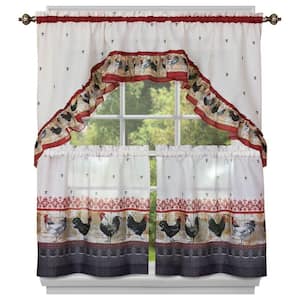 Rooster Burgundy Polyester Light Filtering Rod Pocket Tier and Swag Curtain Set 57 in. W x 24 in. L