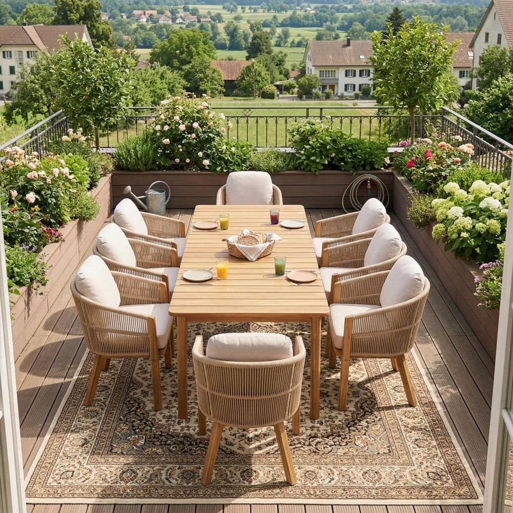 Jenton Country Patio 9-Piece Teak Finish Wood and Rope Woven Outdoor Dining Set with Beige Cushions, 8-Seats price history on PriceWatchPro