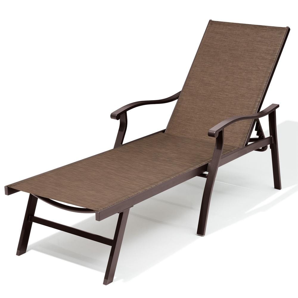Elegant Brown Aluminum Adjustable Outdoor Chaise Lounge with Curved Armrests