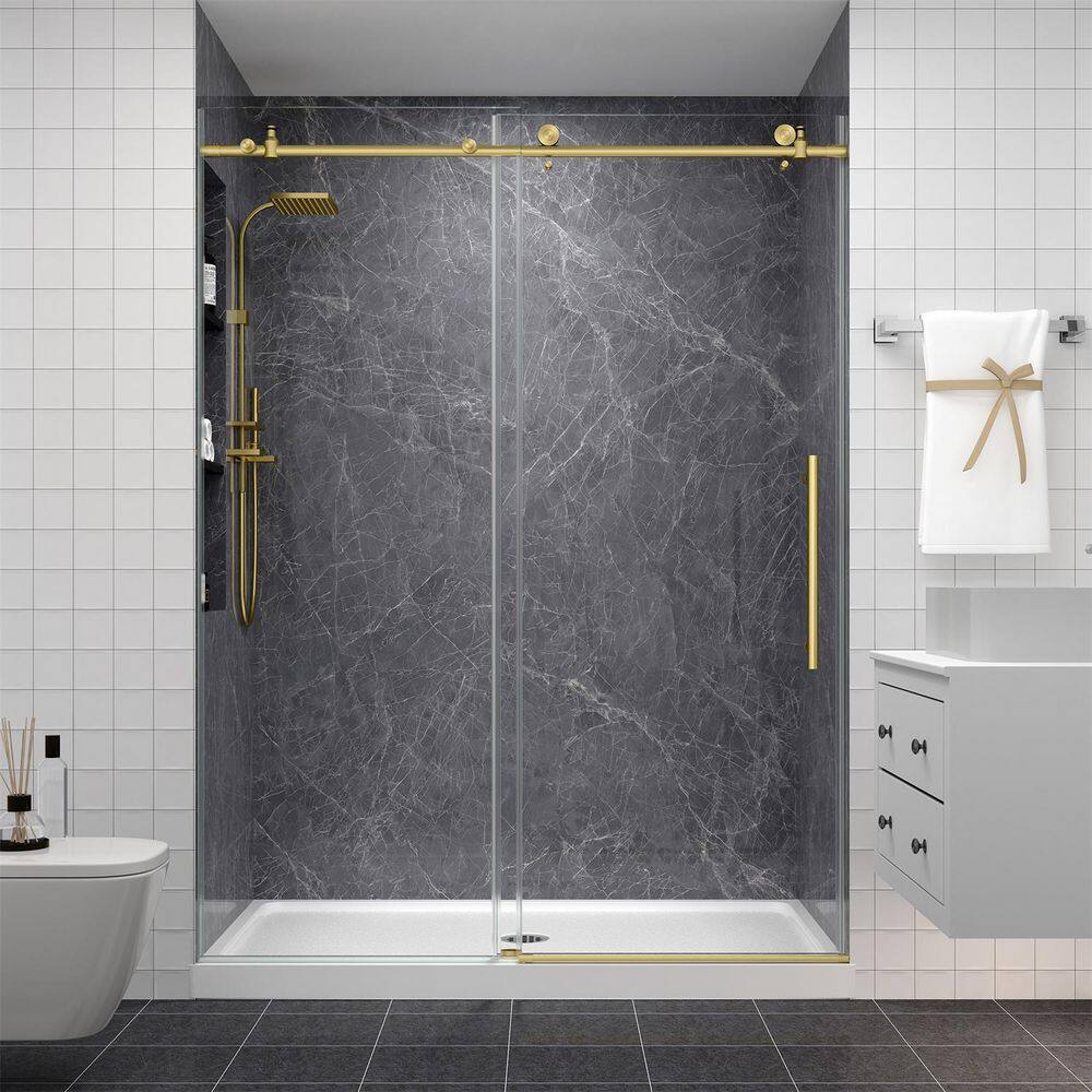 61 to 66 in. W x 76 in. H Frameless Sliding Shower Door in Brushed Gold with Clear Tempered Glass price history on PriceWatchPro