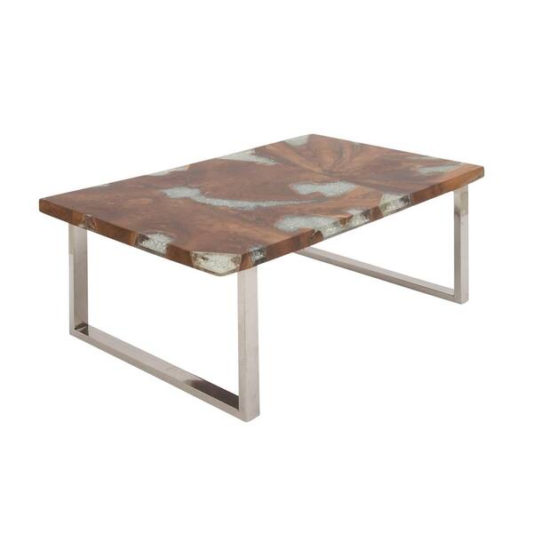 Litton Lane 18 in. x 47 in. Stainless Steel and Teak Coffee Table With Resin Accents