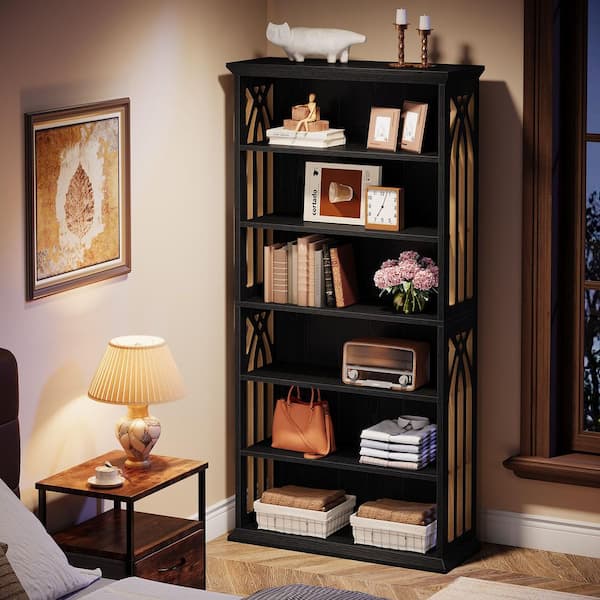 Frailey 75 in. Tall Black Wood 6-Shelf Standard Bookcase with Interior Shelves, Storage for Living Room Home and Office
