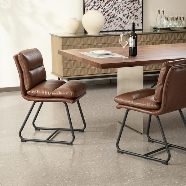 Mid-Century Modern Brown Thick Leatherette Dining Chair with Metal Legs (Set of 2)