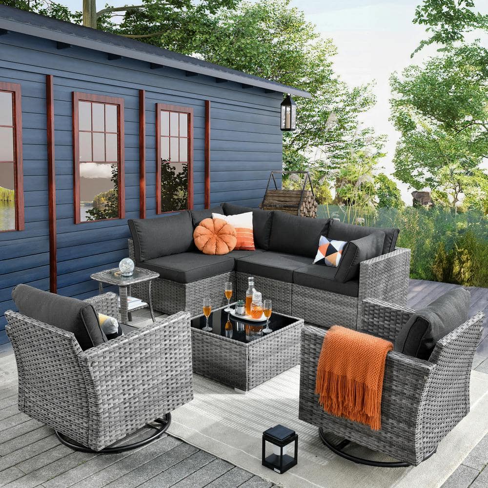 Daffodil K Gray 8-Piece Wicker Patio Outdoor Conversation Sofa Set with Swivel Rocking Chairs and Black Cushions price history on PriceWatchPro