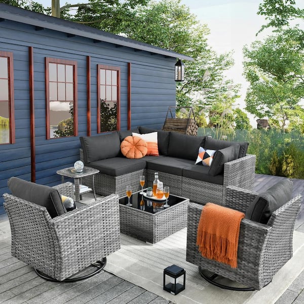 weaxty W Daffodil K Gray 8-Piece Wicker Patio Outdoor Conversation Sofa Set with Swivel Rocking Chairs and Black Cushions