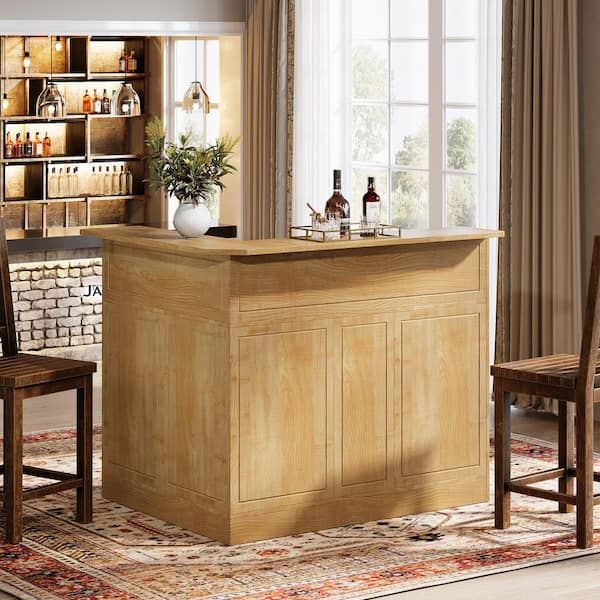 BYBLIGHT Kearsten Brown 44.09 in. Corner Bar L-Shaped Home Bar Table with Stemware Racks, 4-Tier Bar Cabinet Unit Liquor Ta