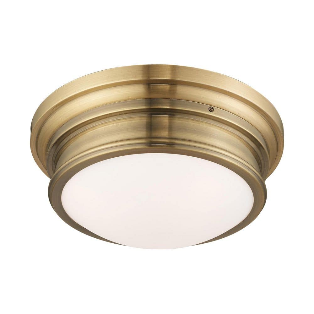 Antique Brass 3-Light Flush Mount with Satin White Glass