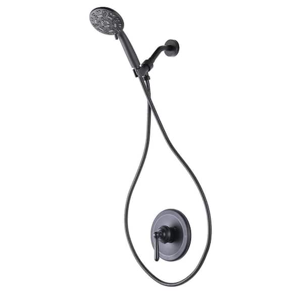 Single Handle 7-Spray Handheld Shower Faucet 1.8 GPM with Pressure Rough-in Valve and and Trim Kit in Matte Black