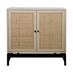 Oak Natural Rattan 2-Door Cabinet with Adjustable Inner Shelves Accent Storage Cabinet