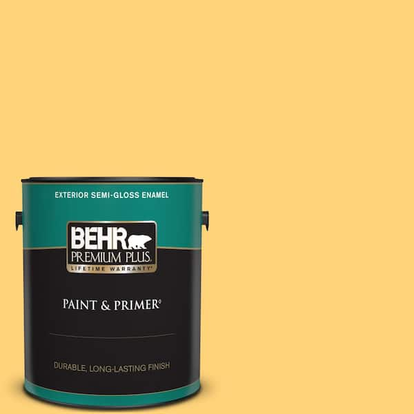 BEHR PREMIUM PLUS 1 gal. #P260-5 Yellow Jubilee Semi-Gloss Enamel Exterior Paint & Primer