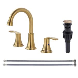 8 in. 2-Handle 3 Holes Widespread Bathroom Faucet with Metal Pop-Up Drain Assembly in Brushed Gold