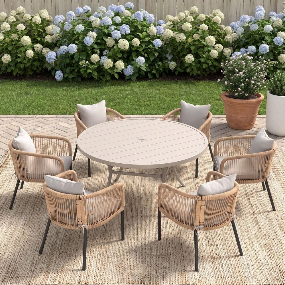 7-Piece 50 in. Sandshell Metal Round Slatted Outdoor Dining Set with 6 Wheat Wicker Rope Chairs with White Cushions price history on PriceWatchPro