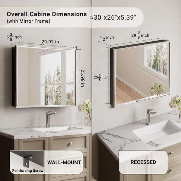 Musey 30 in W x 26 in H Brush Nickel Rectangular Aluminum Medicine Cabinet with Beveled Mirror, Recessed or Surface