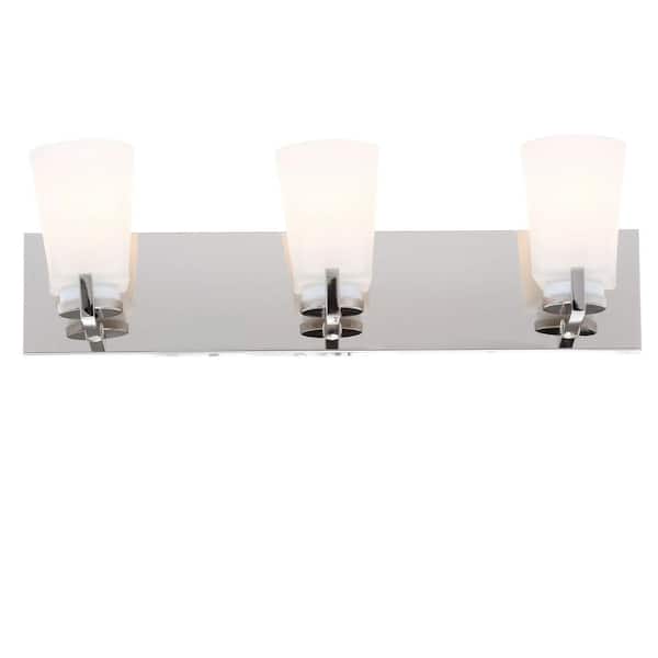 Hampton Bay Wellman 3-Light Polished Nickel Vanity Light with Etched White Glass Shades