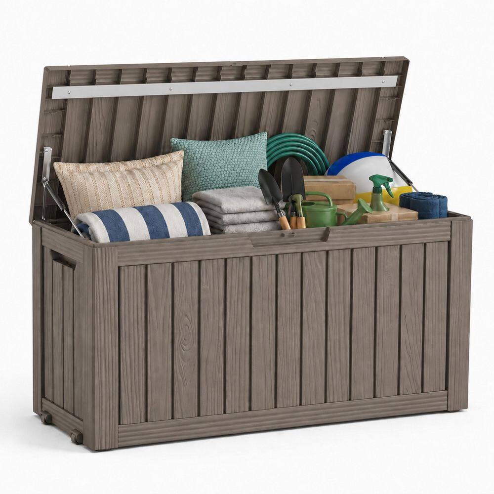 90 Gal. Large Brown Wood Grain Resin Deck Box with Gas Strut Lid and Wheels for Outdoor Patio Pool Garden Storage price history on PriceWatchPro