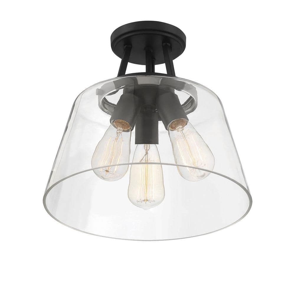Calhoun Matte Black and Clear Glass 3-Light Semi-Flush Mount
