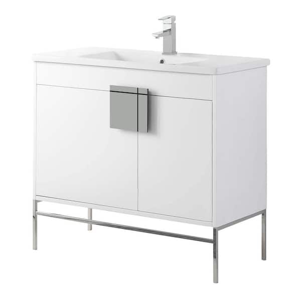 FINE FIXTURES Shawbridge 36 in. W x 18.11 in. D x 33.5 in. H Bath Vanity in Matte White Paint with Ceramic Vanity Top in White
