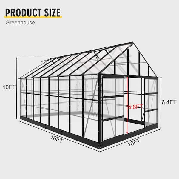 10 ft. x 16 ft. Black Aluminum Greenhouse Kit with Clear Panels and Solarium Design
