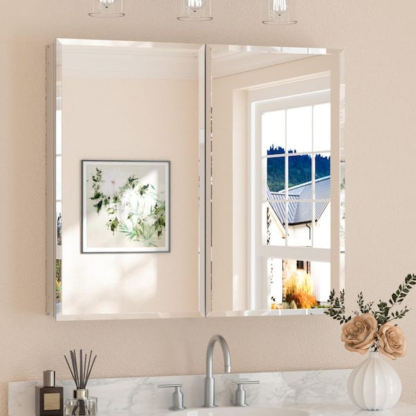 36 in. W x 32 in. H Rectangular Beveled Frameless Metal Silver Surface Mount/Recessed Medicine Cabinet with Mirror