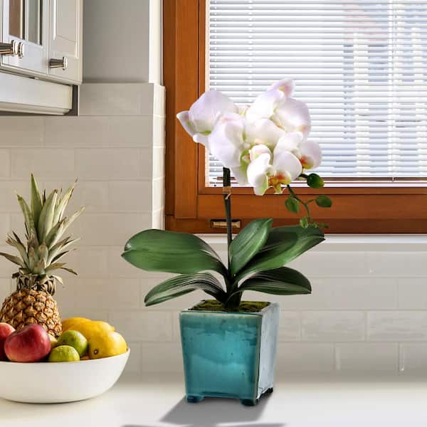 Regency International 18 in. White Artificial Orchid in Footed Pot