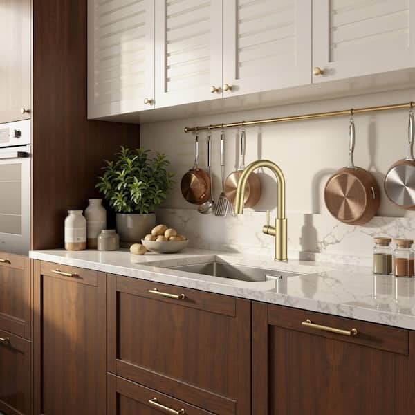 Gooseneck Single Handle Pull Down Sprayer Kitchen Faucet with Deckplate and Flexible Hose Pull Out Spout in Gold