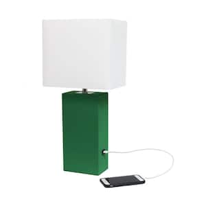 21 in. Green Lexington Leather Base Table Lamp with White Fabric Shade with USB Charging Port